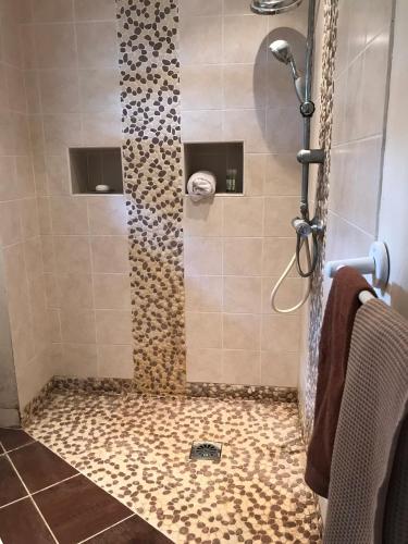 une douche avec une porte vitrée dans une salle de bain dans l'établissement La Laiterie du Logis, à Chaniers
