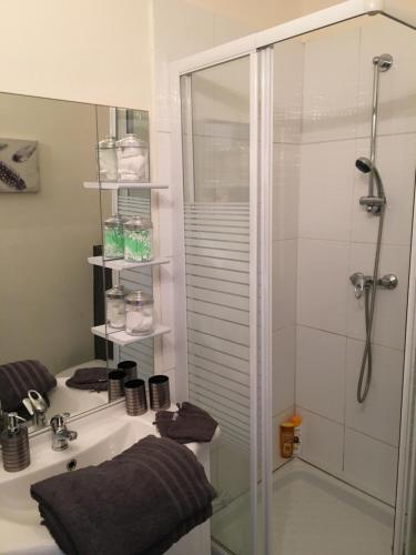 La salle de bains est pourvue d'une douche et d'un lavabo. dans l'établissement Studio Rue Fesch - Vieille Ville, à Ajaccio