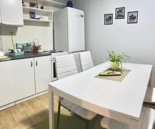 a kitchen with a white table and white appliances at Matejevic Apartments in Niš