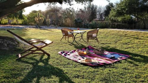 a picnic table and chairs on a blanket in the grass at Vieja Posada Hotel Histórico in Cafayate