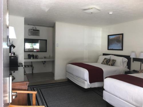 a hotel room with two beds and a tv at Cardinal Inn in Maggie Valley