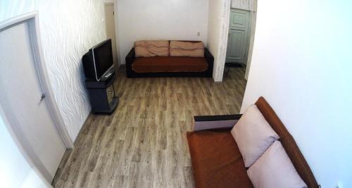 ノヴォシビルスクにあるАпартаменты на Блюхера 16の小さなリビングルーム(ソファ、テレビ付)
