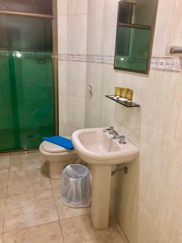 a bathroom with a sink and a toilet at Alvorada Palace Hotel de Poços in Poços de Caldas