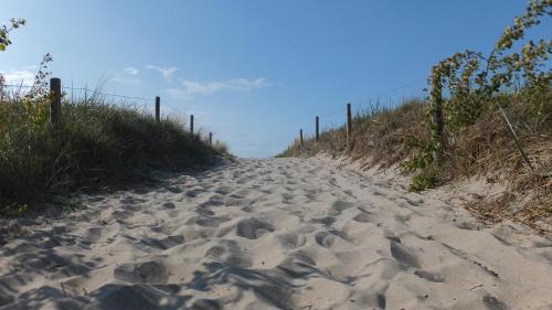 a dirt road leading up to a fence on a beach at Ferienwohnung "Schonzeit" in Graal-Müritz
