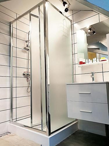 a shower with a glass door in a bathroom at Le Domaine du Templier - Chapelain in Borre
