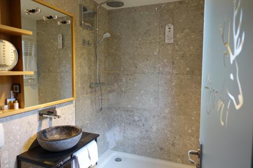a bathroom with a sink and a shower at Hotel Hirsch in Neu Ulm