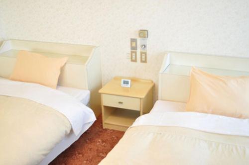 a hotel room with two beds and a night stand at Green Hotel Rich Tokugawaen in Okazaki