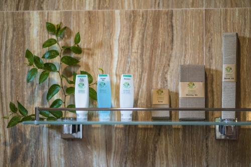 a shelf with four toothbrushes and a plant at Wadula Safari - Yala in Kataragama