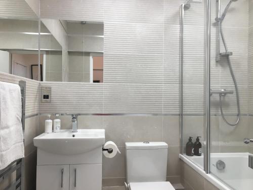 La salle de bains est pourvue d'une douche, de toilettes et d'un lavabo. dans l'établissement Dreamy Shoreditch Flat w/ Views in Old St (Zone 1), à Londres