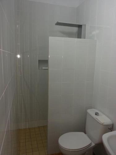 La salle de bains blanche est pourvue d'une douche et de toilettes. dans l'établissement Apartamento Playa, à Pozo Izquierdo