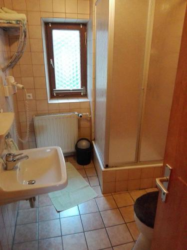 a bathroom with a sink and a shower at Ferienwohnung Dichtl in Grafenau