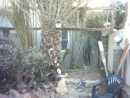 a garden with a bench and a stone wall at Tranquility Self Catering in Lüderitz