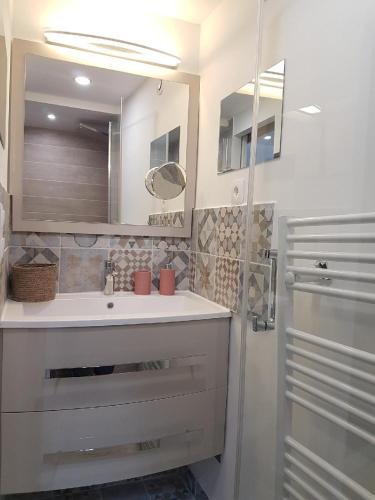 une salle de bain avec un lavabo, un miroir et une douche dans l'établissement Capitaine Pirrodi, à La Ciotat