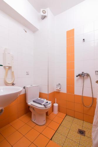 a bathroom with a toilet and a sink and a shower at Hotel Calypso in Hanioti