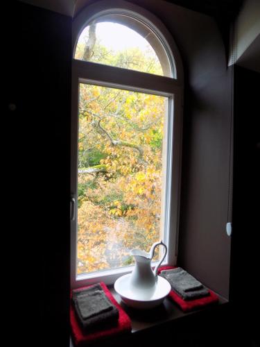 a window with a white vase sitting on a table with towels at B&B Les Tilleuls in Vielsalm