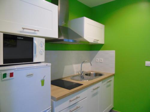 a green kitchen with a sink and a microwave at Vllla Reva in Argelès-sur-Mer