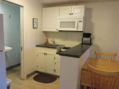 a small kitchen with a sink and a microwave at Elmwood Motor Court in Old Orchard Beach