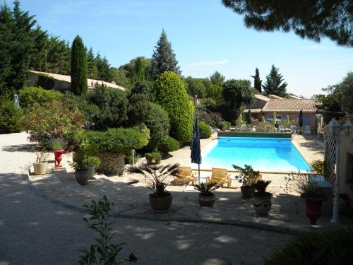 - une piscine dans une cour avec des plantes en pot dans l'établissement Mas des Petits Loups, à Cabrières