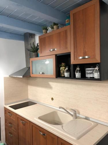 uma cozinha com um lavatório e armários de madeira em Cosy House em Sófia