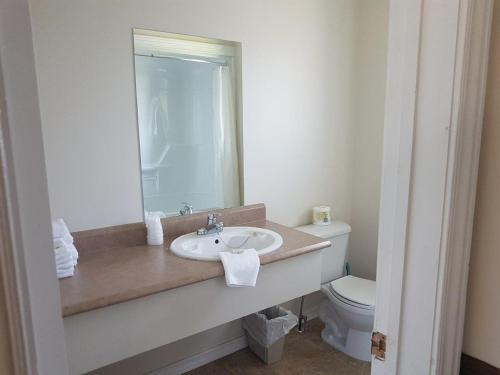 a bathroom with a sink and a toilet at Motel & Chalets Baie de Gaspé in Gaspé