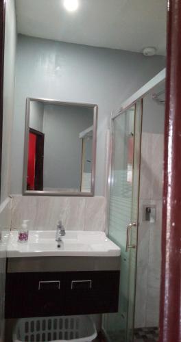 a bathroom with a sink and a mirror and a shower at DB Tower Vacation Rental in Belize City