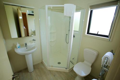 a bathroom with a shower and a toilet and a sink at Crescent House in Wanaka