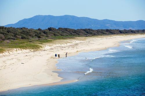 
people walking on a beach near the ocean at Horseshoe Bay Holiday Park in South West Rocks
