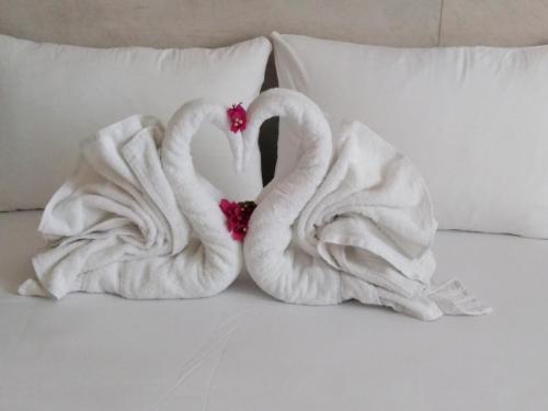 two swans made out of towels on a bed at 7 Islands in Alykes