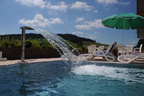 a fountain in a pool with an umbrella and chairs at Hotel Kaltenbach in Triberg