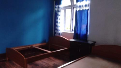 a blue room with a couch and a window at Vamoosetrail Lingzey in Lingtām