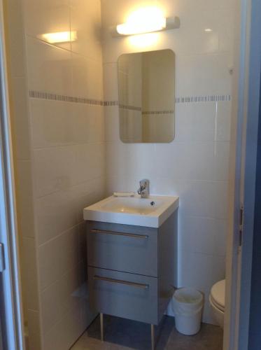 a bathroom with a sink and a mirror and a toilet at Hôtel Restaurant de la Place in Saint-Jean-dʼAngély