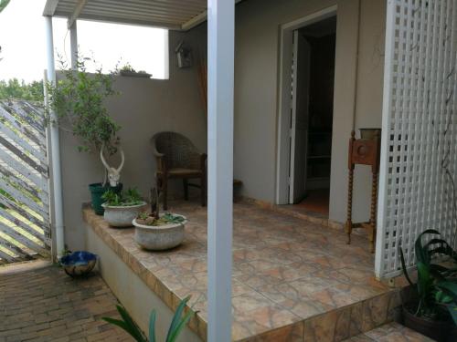 a porch with two potted plants on a patio at The Fever Tree Guest House in Hluhluwe