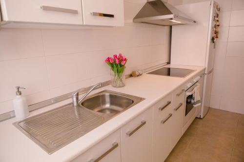 una cocina con fregadero y un jarrón de flores en Apartamento Moderno, en Valladolid