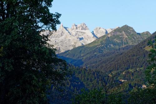 a view of a mountain range with trees and mountains at Landhaus Tenne in Bartholomäberg
