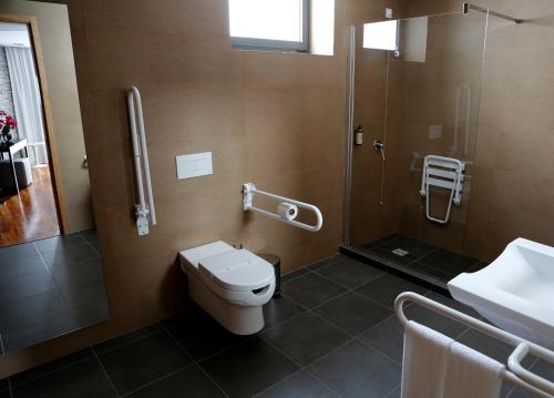a bathroom with a toilet and a shower and a sink at LBV House Hotel in Pinhão