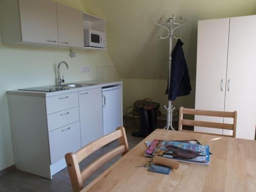 a kitchen with a table and a sink and a counter at Maria Talu Guesthouse in Pootsi