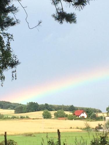 a field with a red barn in the distance at Ignacówka in Kobyla Góra