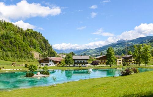 a river in a field with houses and mountains at Apartment Sonnblick in Sankt Johann im Pongau