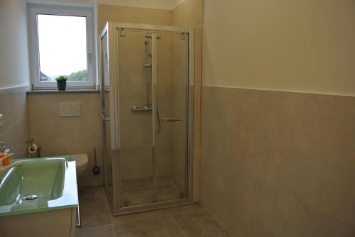 a shower with a glass door in a bathroom at Penthousewohnung in Mettmann