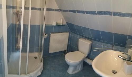 ein Bad mit einem WC, einer Dusche und einem Waschbecken in der Unterkunft Star in Poprad