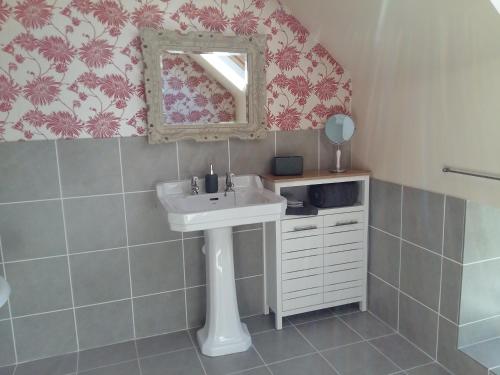 a bathroom with a sink and a mirror at Woodside Steading in Huntly
