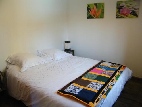 - une chambre avec un lit et une couverture dans l'établissement Géranium et Manguier Guest House, à Saint-Gilles-les Hauts