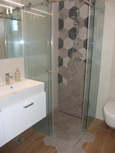 a bathroom with a shower and a sink and a toilet at Apartments Ivanov in Zadar