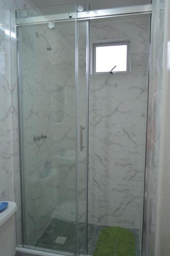 y baño con ducha y puerta de cristal. en Hostal Aventura Austral, en Punta Arenas