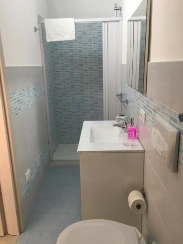 łazienka z toaletą, umywalką i prysznicem w obiekcie Casa Vacanze Mannina w mieście Castellammare del Golfo