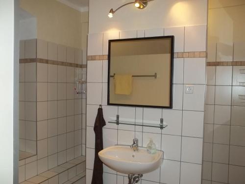 a bathroom with a sink and a mirror at Hostel No 5 in Halle an der Saale