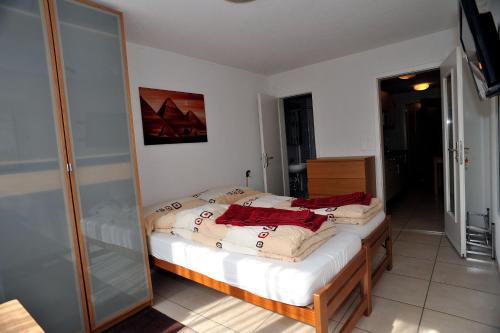 a bedroom with a bed and a mirror at Niros Bed & Breakfast in Basel