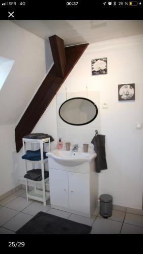 a bathroom with a sink and a mirror on the wall at Spacieux gîte jusqu'à 12 personnes in Ammerschwihr