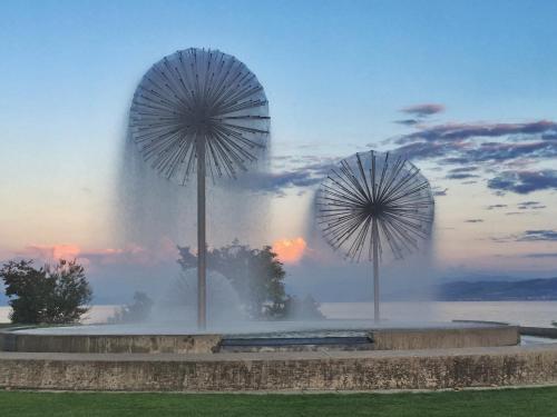 three umbrellas in a fountain in a park at Lakelodge Romanshorn in Romanshorn