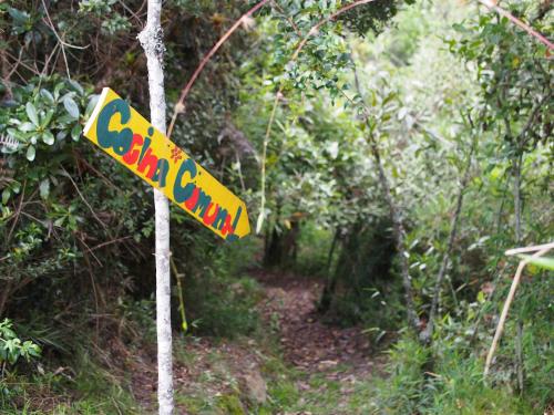 a street sign in the middle of a forest at Jardin Colibri RNT 33633 in Guatavita
